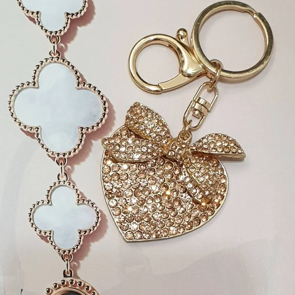 Women Crystals Gold Heart Key Chain Key Ring Handbag Purse Pendant Accessory